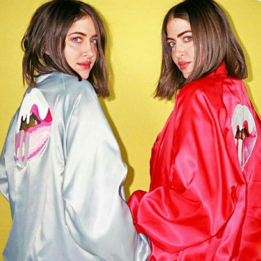 KYLIE JENNER LIPS SATIN SILVER BOMBER JACKET